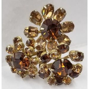 Vintage Topaz Stacked Layered  Rhinestones Goldtone Florals Brooch